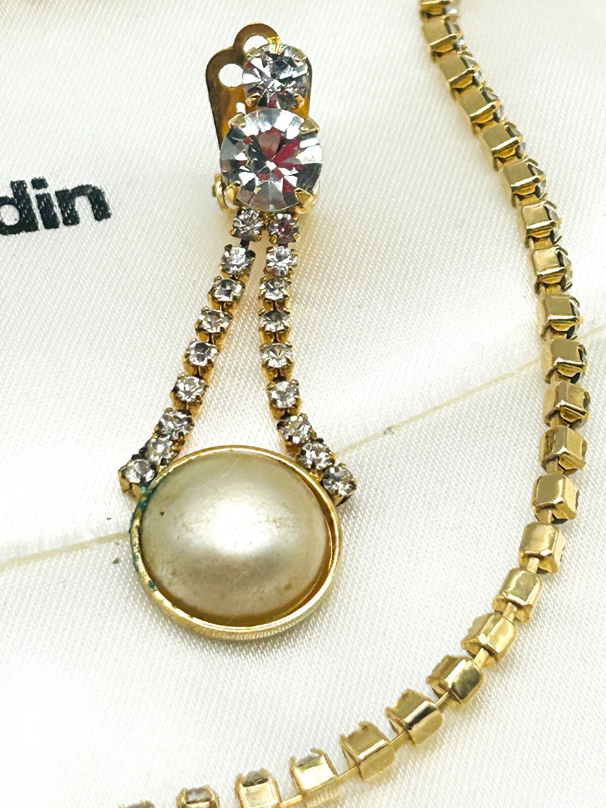Vintage Pierre Cardin Faux Pearl & Rhinestone Necklace and Earrings - Gold Tone