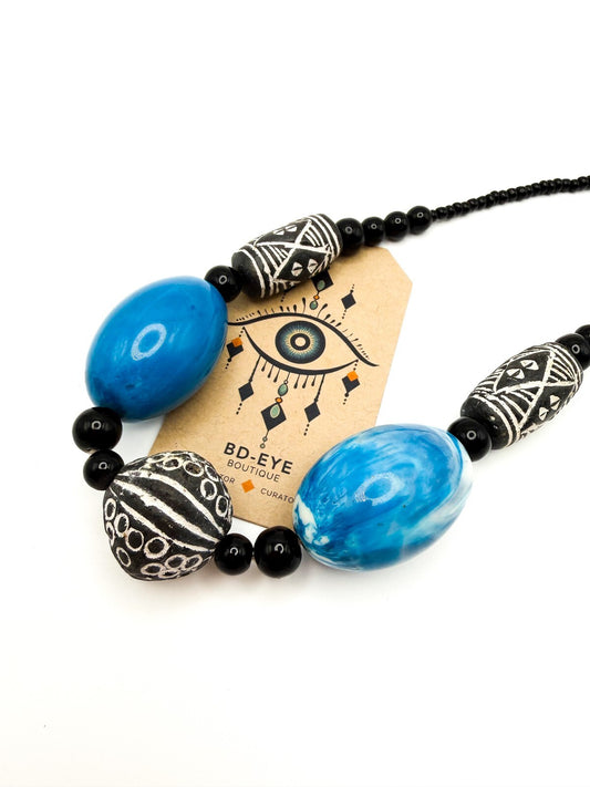 Chunky Vintage Carved Clay and Blue Marble-effect Swirl Beaded Necklace - 20"