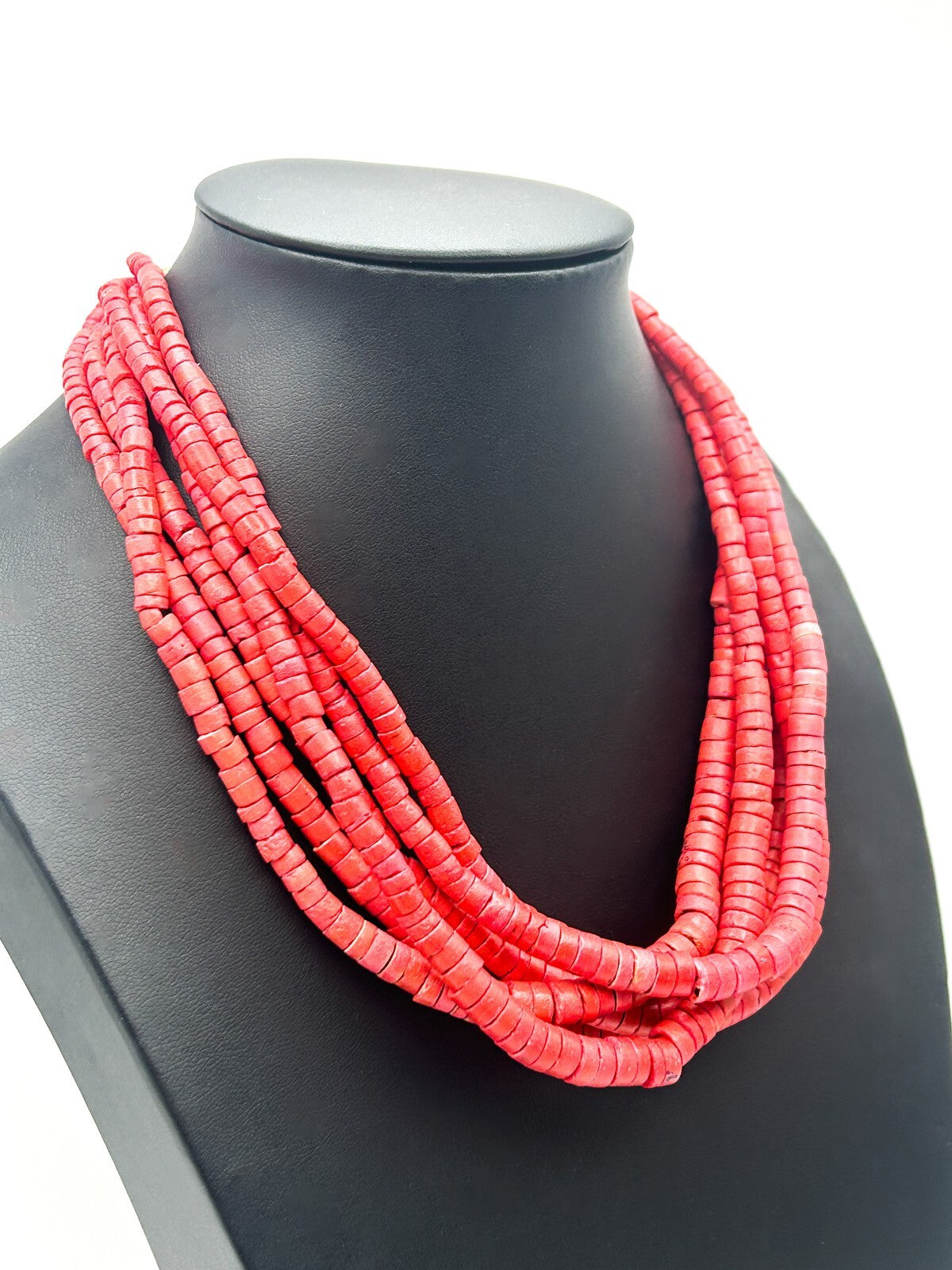 Red Dyed Organic Multi Strand Heishi Disc Beaded Necklace with Gold Tone Clasp