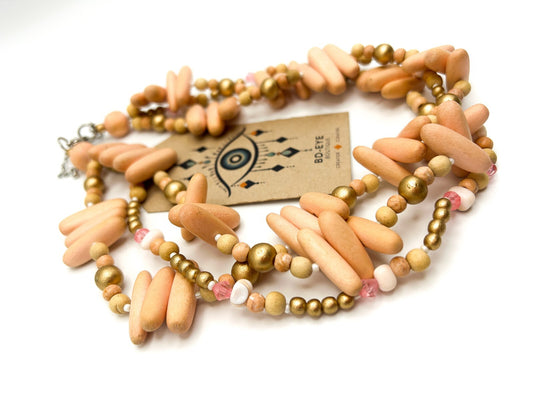 Three-Strand Pink-Peach Pastel Beaded Torsade Necklace – 17”