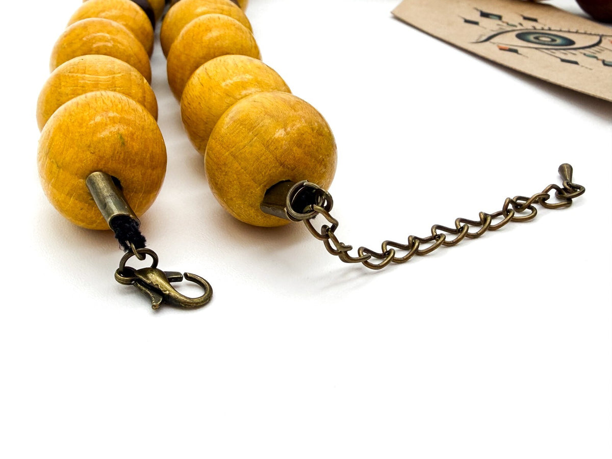 Long Wooden Bead Necklace Yellow Brown Natural Wood 30” Boho
