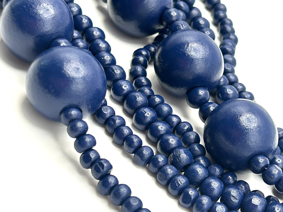 7-Strand Navy Blue Wood Beaded Bib Necklace – 16”