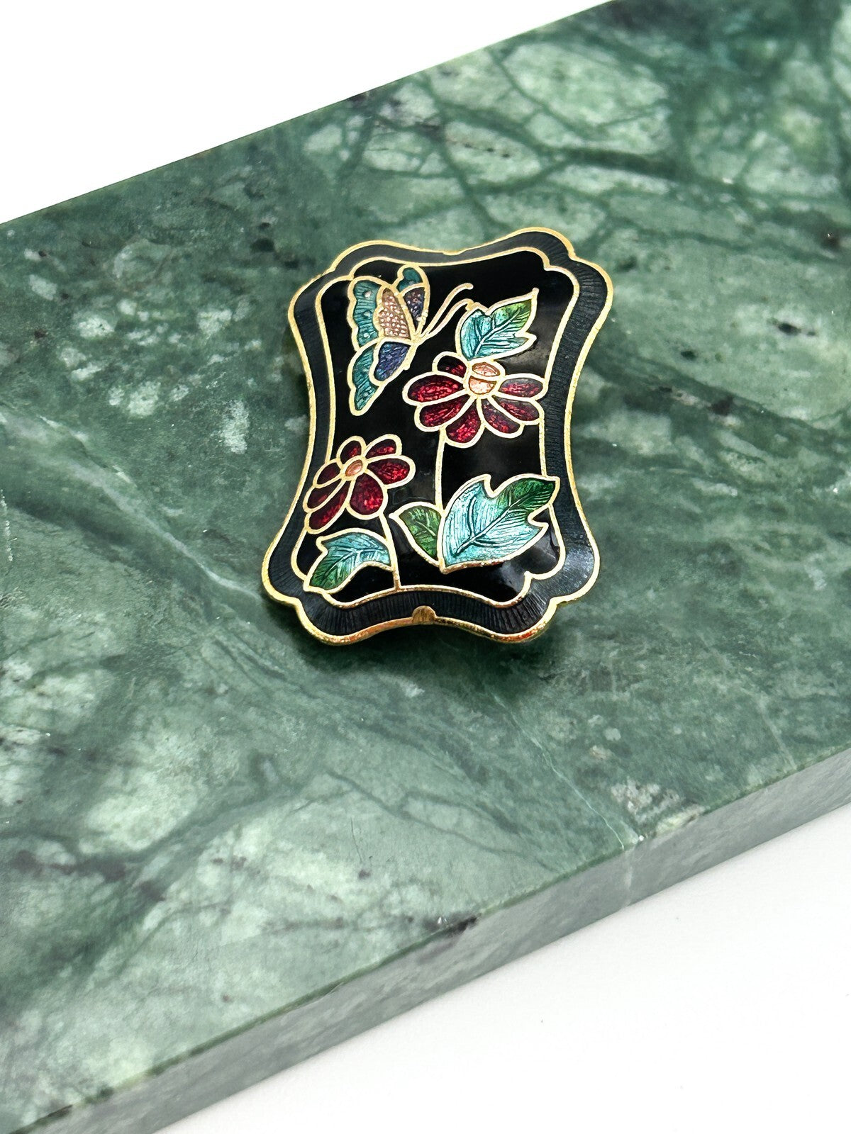 Vintage Cloisonné Enamel Brooch Butterfly Floral Black Gold Tone Pin 2.5”
