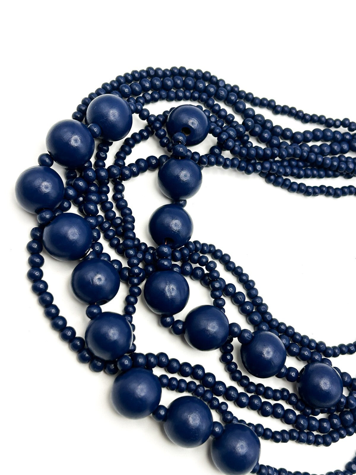 7-Strand Navy Blue Wood Beaded Bib Necklace – 16”