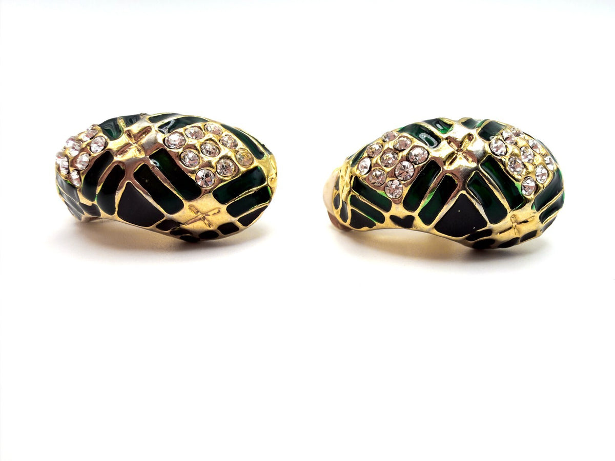 Vintage Gold Tone Green & Black Enamel Rhinestone Half Hoop Clip-On Earrings