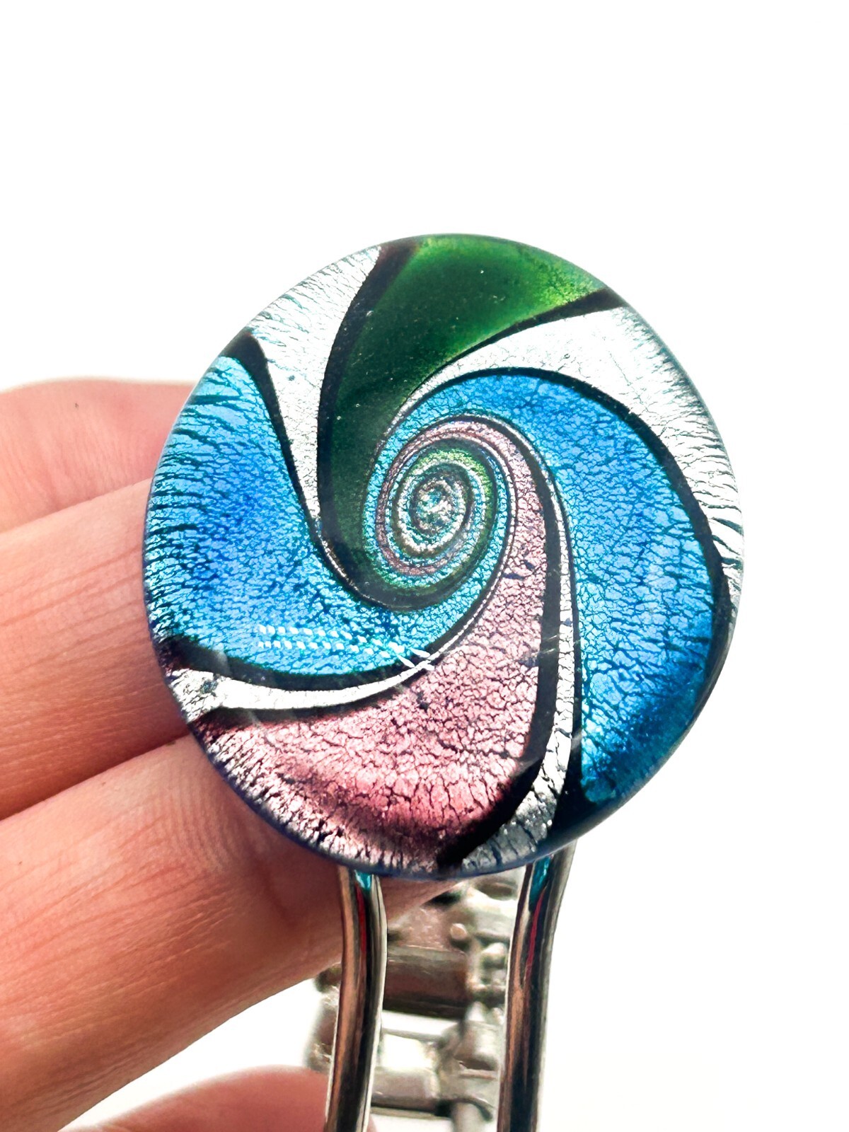 Art Glass Swirl Bangle Blue Pink Silver Hinged Statement Bracelet