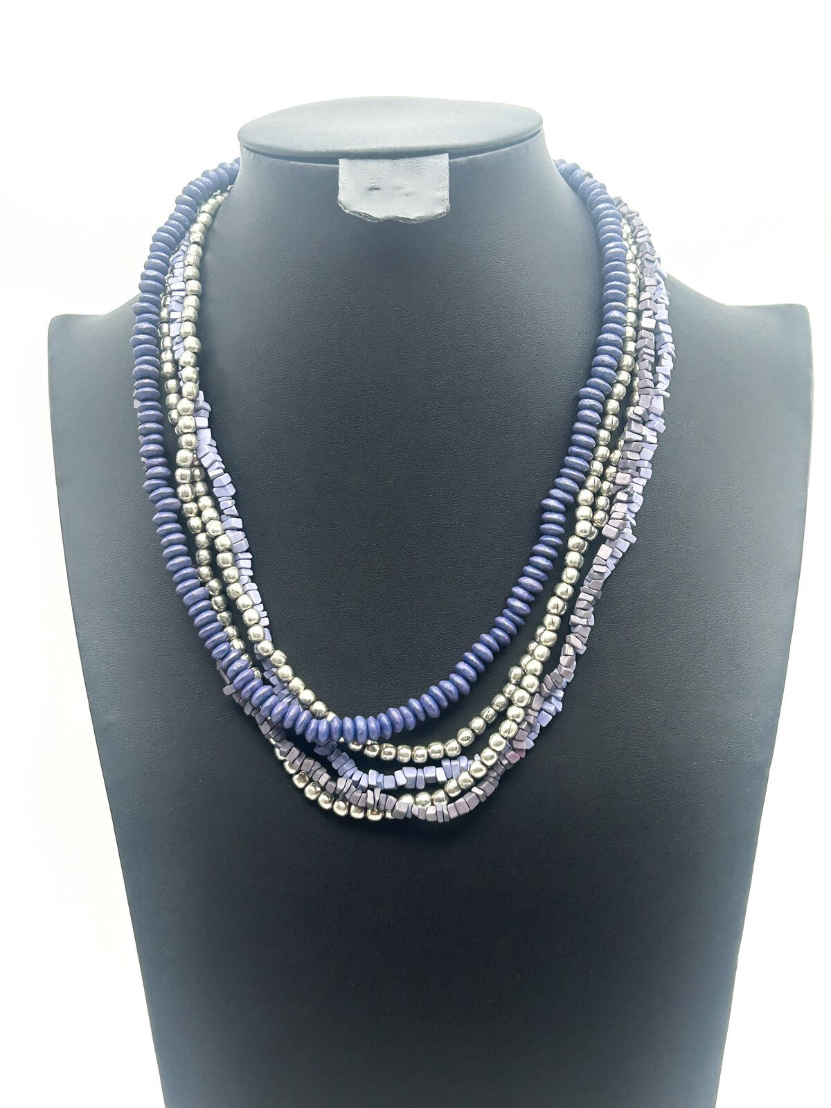 Vintage Multi-Strand Blue & Silver Glass Bead Torsade Necklace