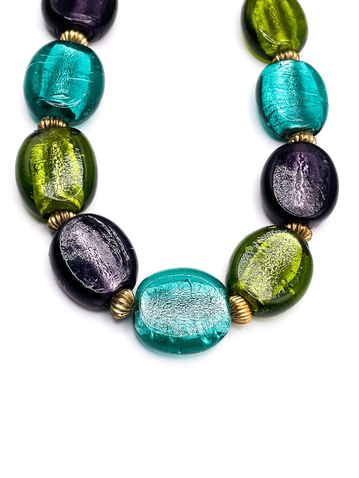 Chunky Dichroic Foil Glass Statement Beaded Necklace Y2K Green Purple Turquoise