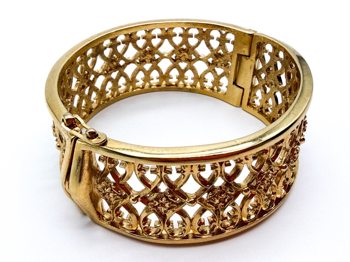 Past Times Gold Tone Bangle Filigree Openwork Hinged Bracelet Ornate