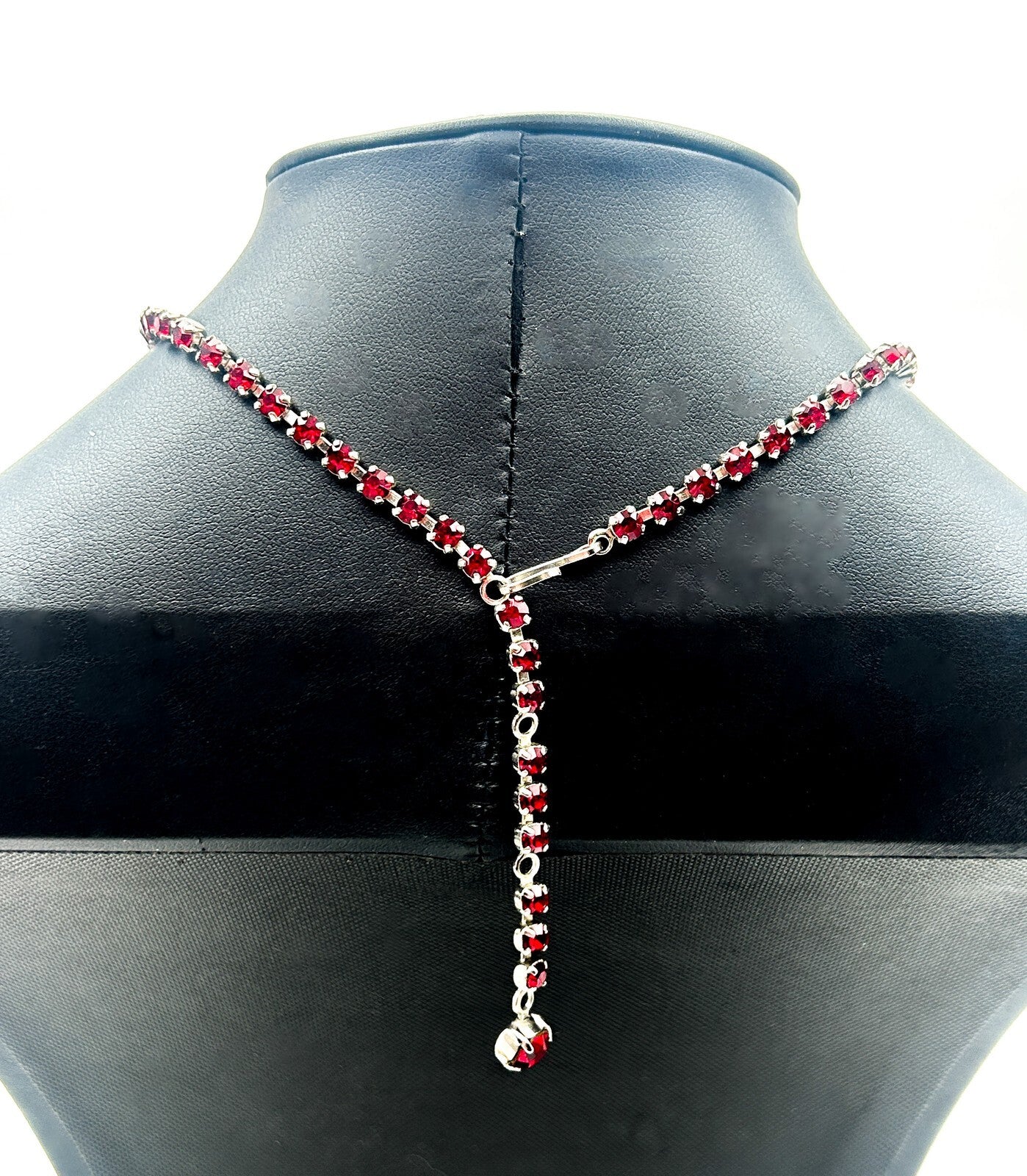 Vintage Red Rhinestone Fringe Statement Necklace Baguette Drop 14.5”