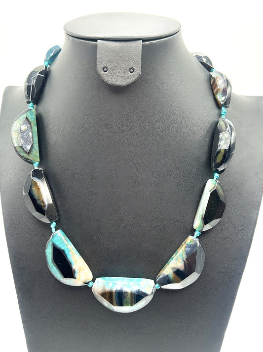 Blue Agate Necklace Statement - Semi-precious Gemstone Boho Beaded 20.5"