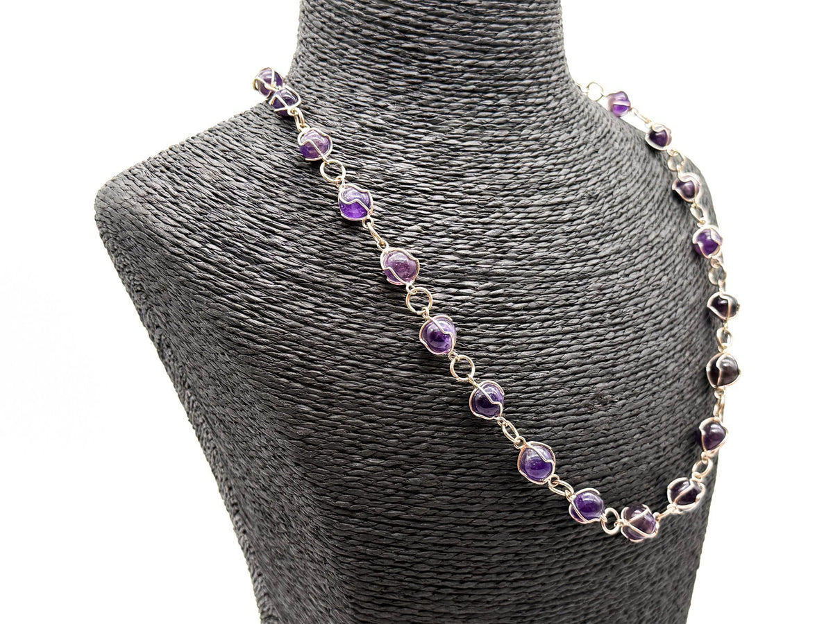 Amethyst Necklace & Bracelet Set Wire Wrapped Purple Gemstone Chain 20.5”