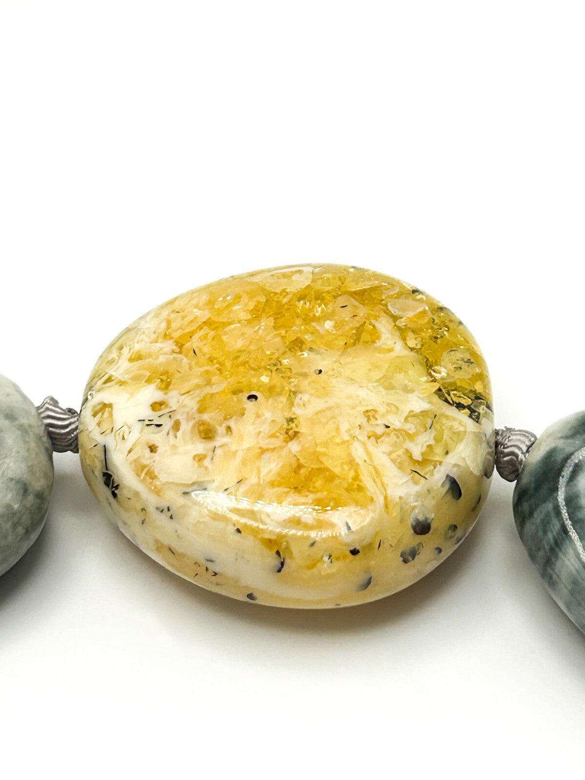 Chunky Marble-Effect Ceramic Necklace & Bracelet Set – Hand-Knotted Grey Ribbon