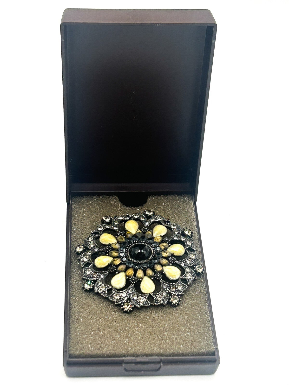 Ornate Gunmetal Floral Rhinestone Vintage Brooch with Lemon Cabochons – 6cm