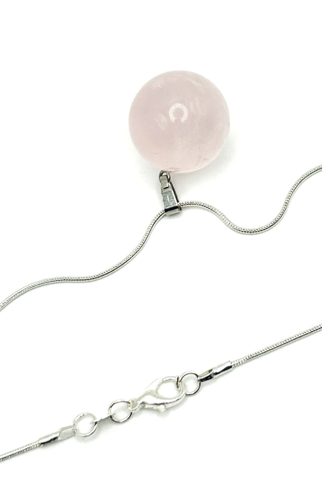 Rose Quartz Sphere Pendant Necklace on Silver Tone Snake Chain Semi Precious Gem