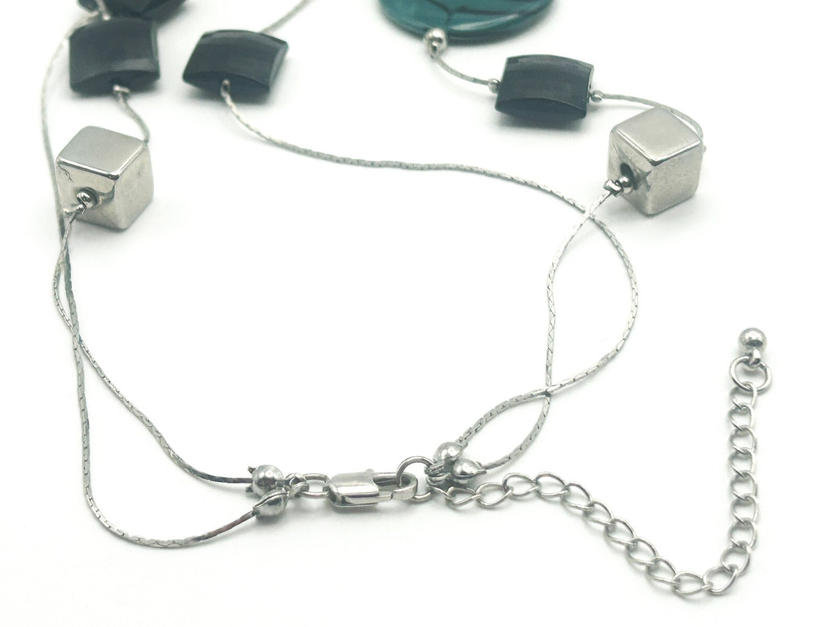 Vintage M&S Teal  Black Disc and Black and Silver Tone 2-layer Cube Necklace