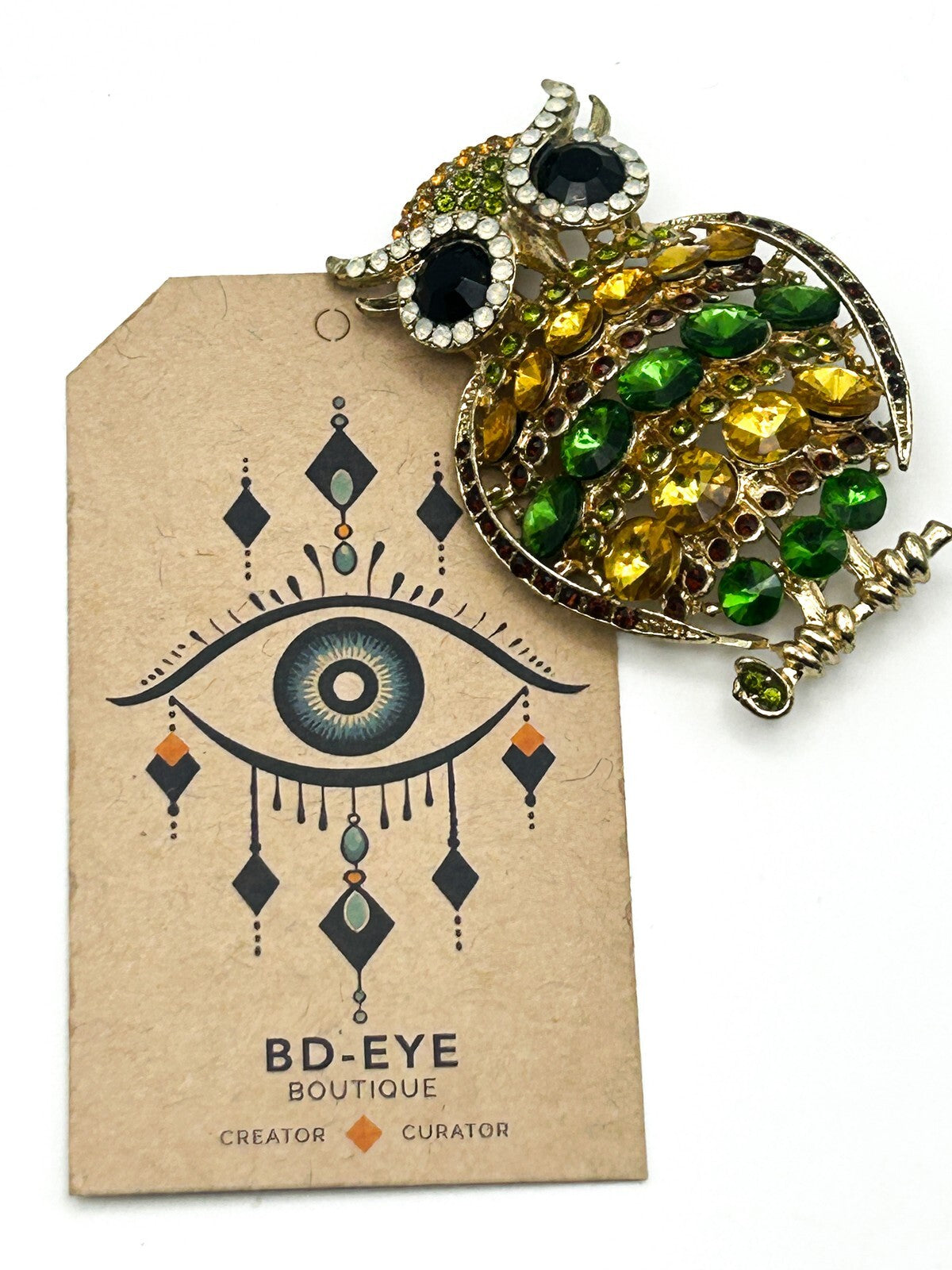 Owl Brooch Gold Tone Green Amber Rhinestone Animal Pin