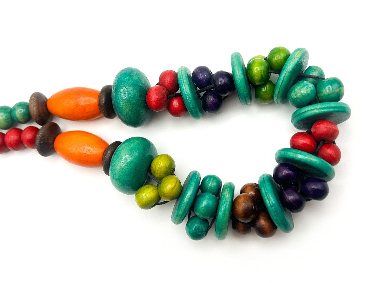 Vintage Multicolour Wooden Bead Necklace with Disc Spacers and Toggle Clasp