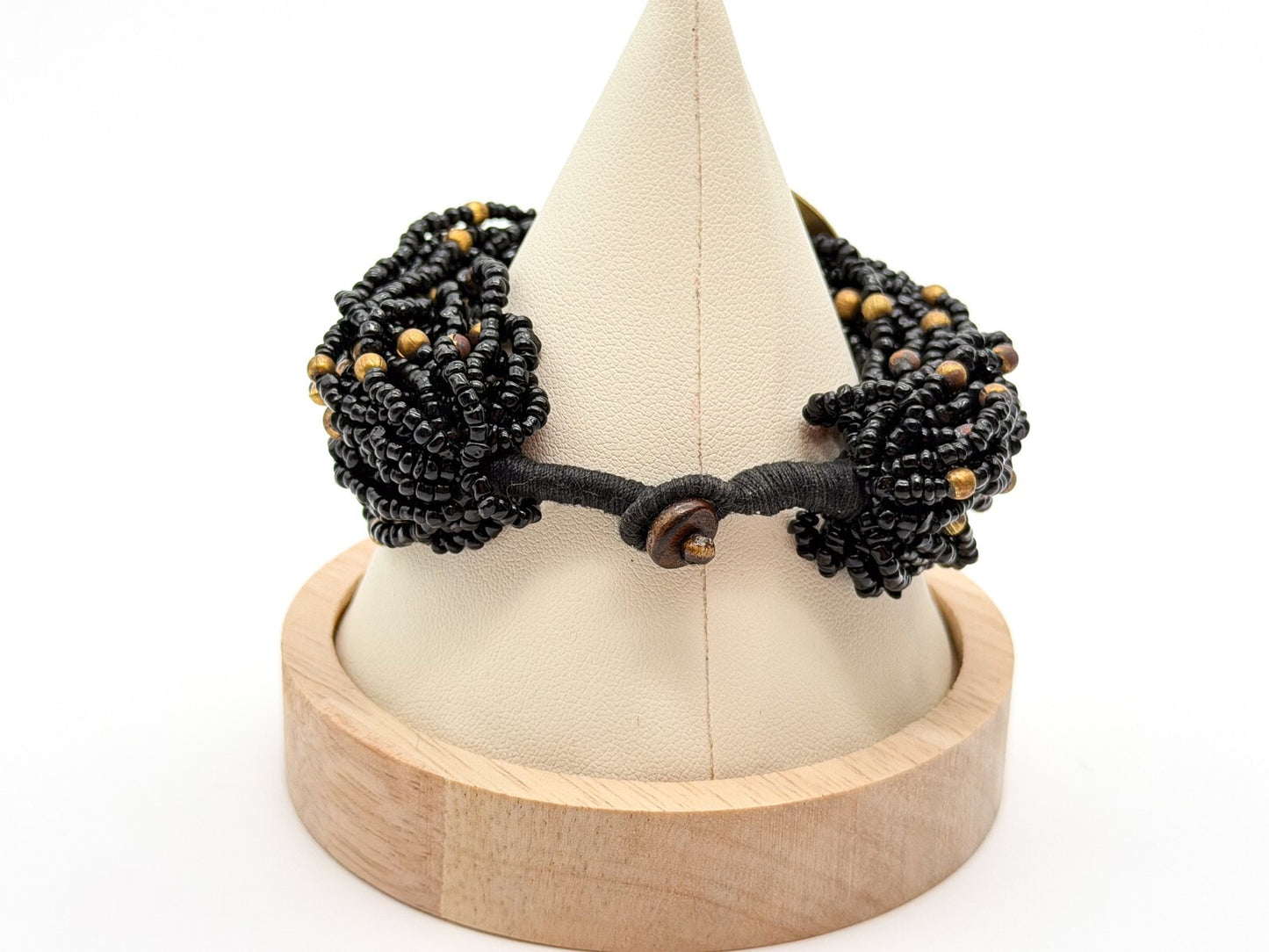 Vintage Chunky Black Seed Bead Bracelet Gold Tone Cabochon Statement Wide Cuff
