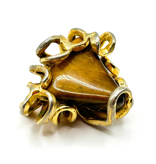 Vintage Tigers Eye Gemstone Brooch Gold Tone Sculptural Modernist Statement Pin