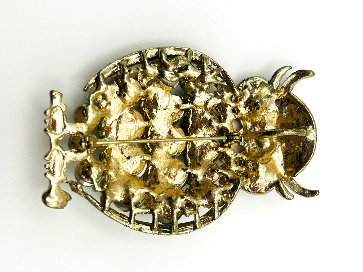 Owl Brooch Gold Tone Green Amber Rhinestone Animal Pin