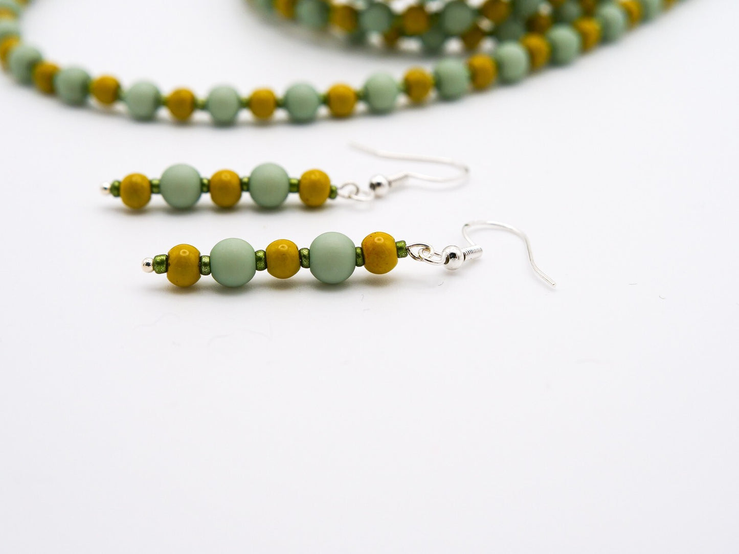 Green Yellow Beaded Handmade - Earring, Necklace & Bracelet Set