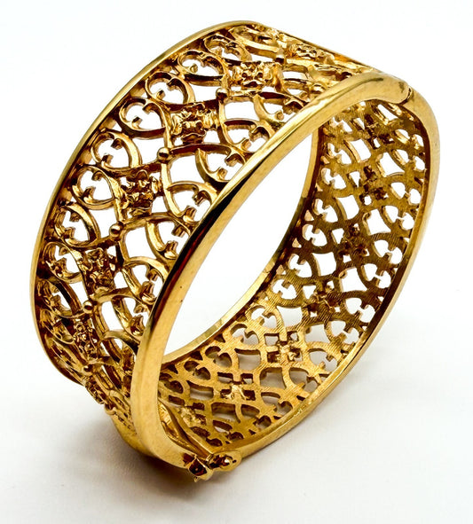 Past Times Gold Tone Bangle Filigree Openwork Hinged Bracelet Ornate