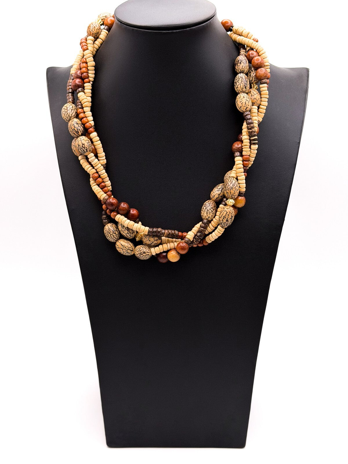 Four Strand Twisted Wood & Coconut Shell Disc Necklace with Gold Tone Boho
