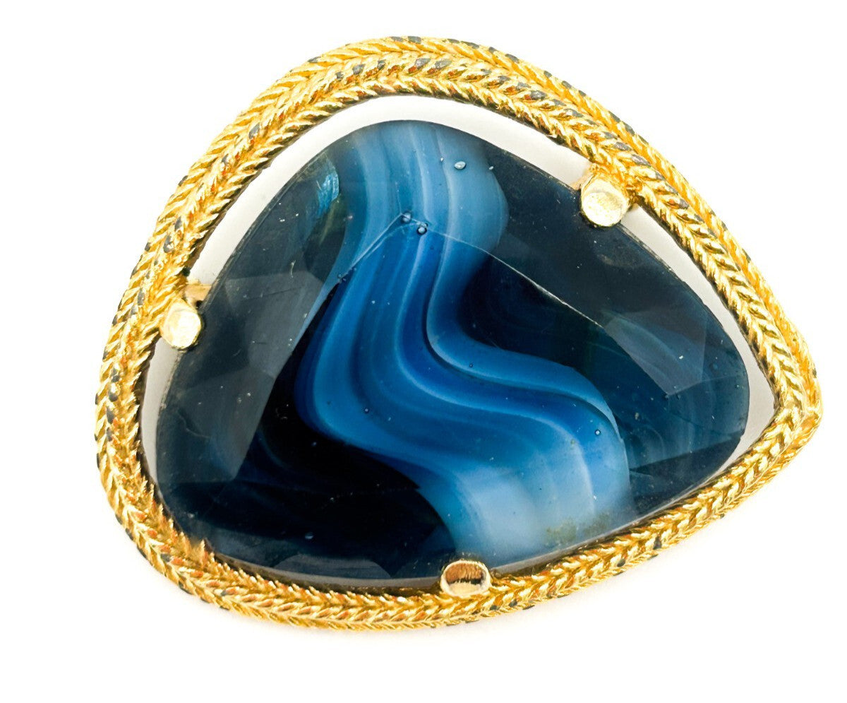 Vintage Blue Slag Glass Brooch with Gold Tone Rope Twist Frame