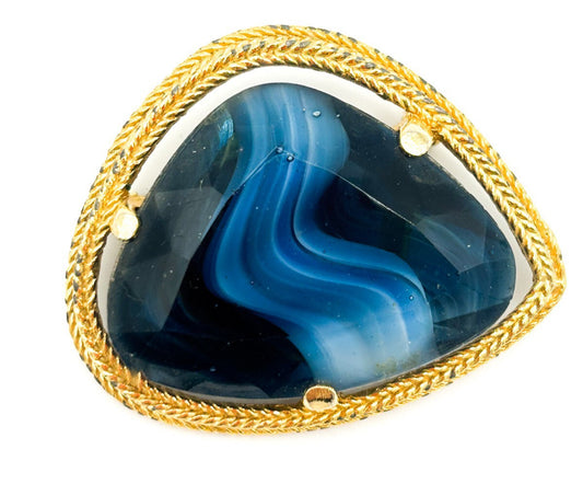 Vintage Blue Slag Glass Brooch with Gold Tone Rope Twist Frame