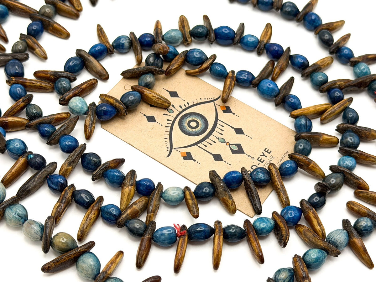 Blue & Brown Dyed Seed Long Boho Necklace
