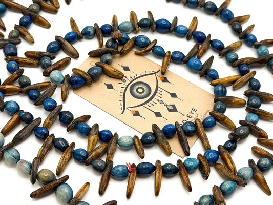 Blue & Brown Dyed Seed Long Boho Necklace