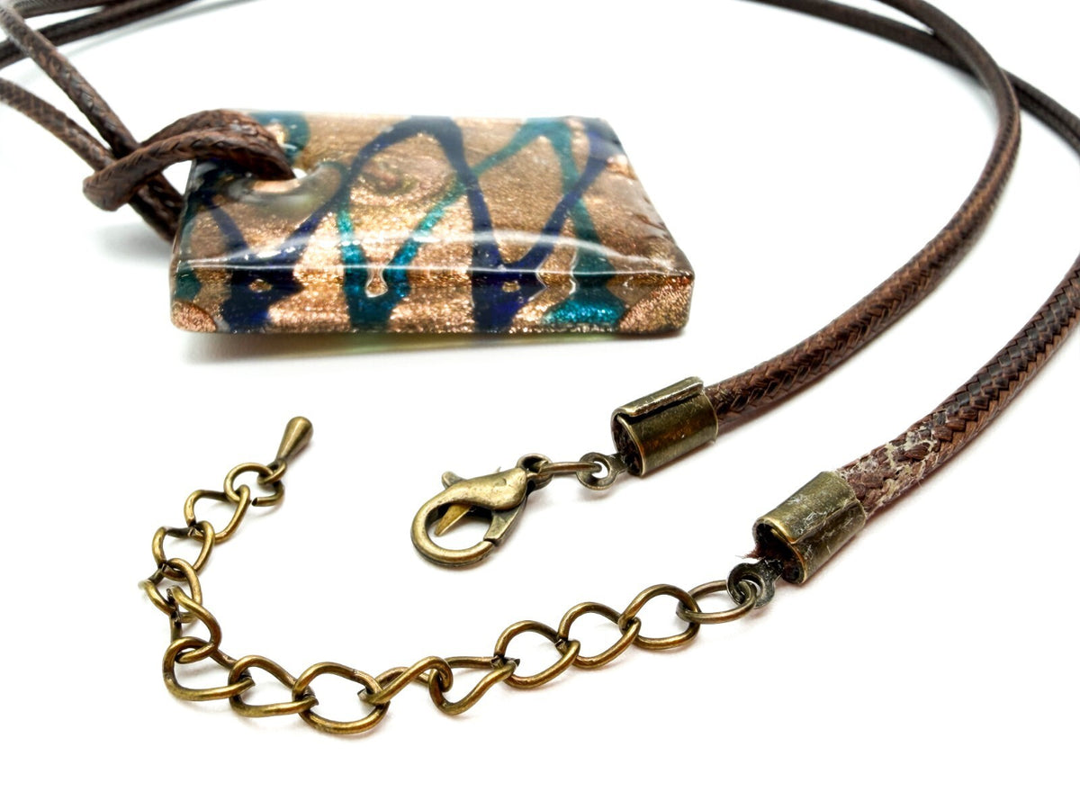 Murano Style Art Glass Pendant Necklace Gold Blue Turquoise Gold Blue Brown