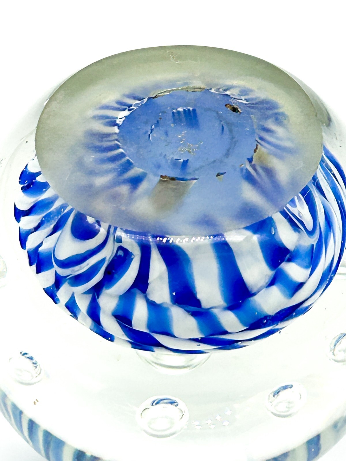 Vintage Blue White Stripes Bubbles Art Glass Paperweight Dome Controlled Bubbles