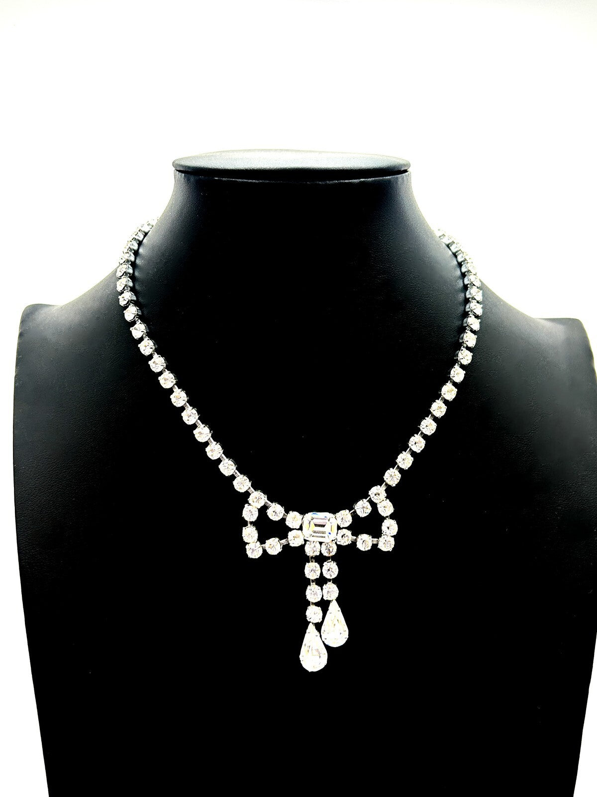Vintage Rhinestone Bow Necklace Silver Tone Teardrop Dangle Bridal Prom