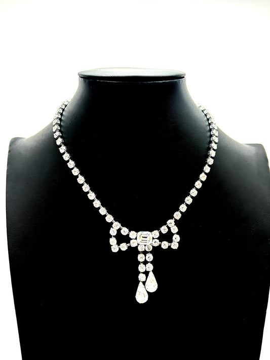 Vintage Rhinestone Bow Necklace Silver Tone Teardrop Dangle Bridal Prom
