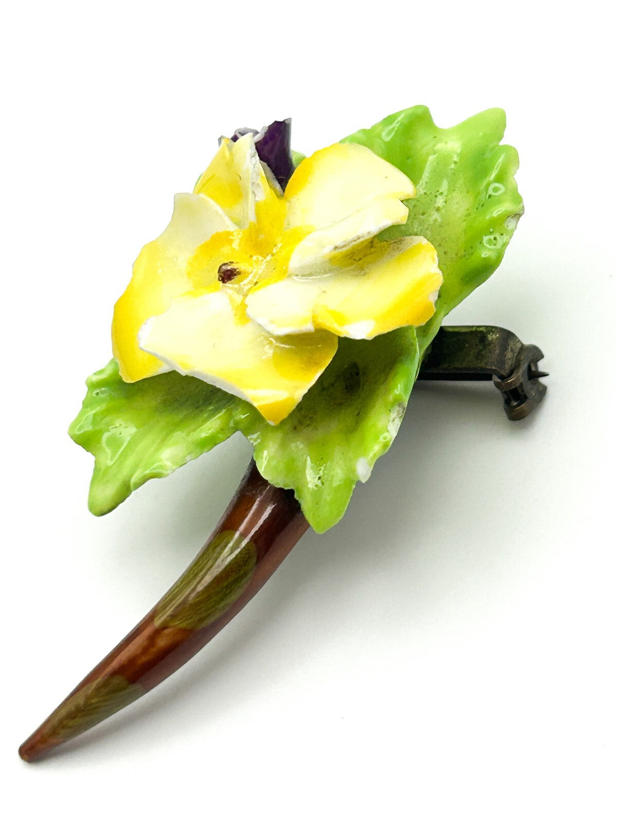 Vintage SylvaC China Flower Brooch Yellow Green Floral Pansy Ceramic Pin 6cm