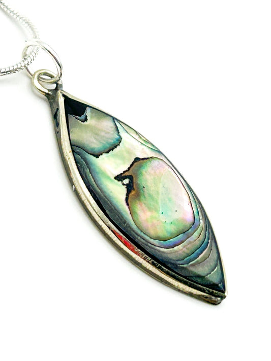 Paua Abalone Shell Marquis Pendant Necklace in Alpaca Silver