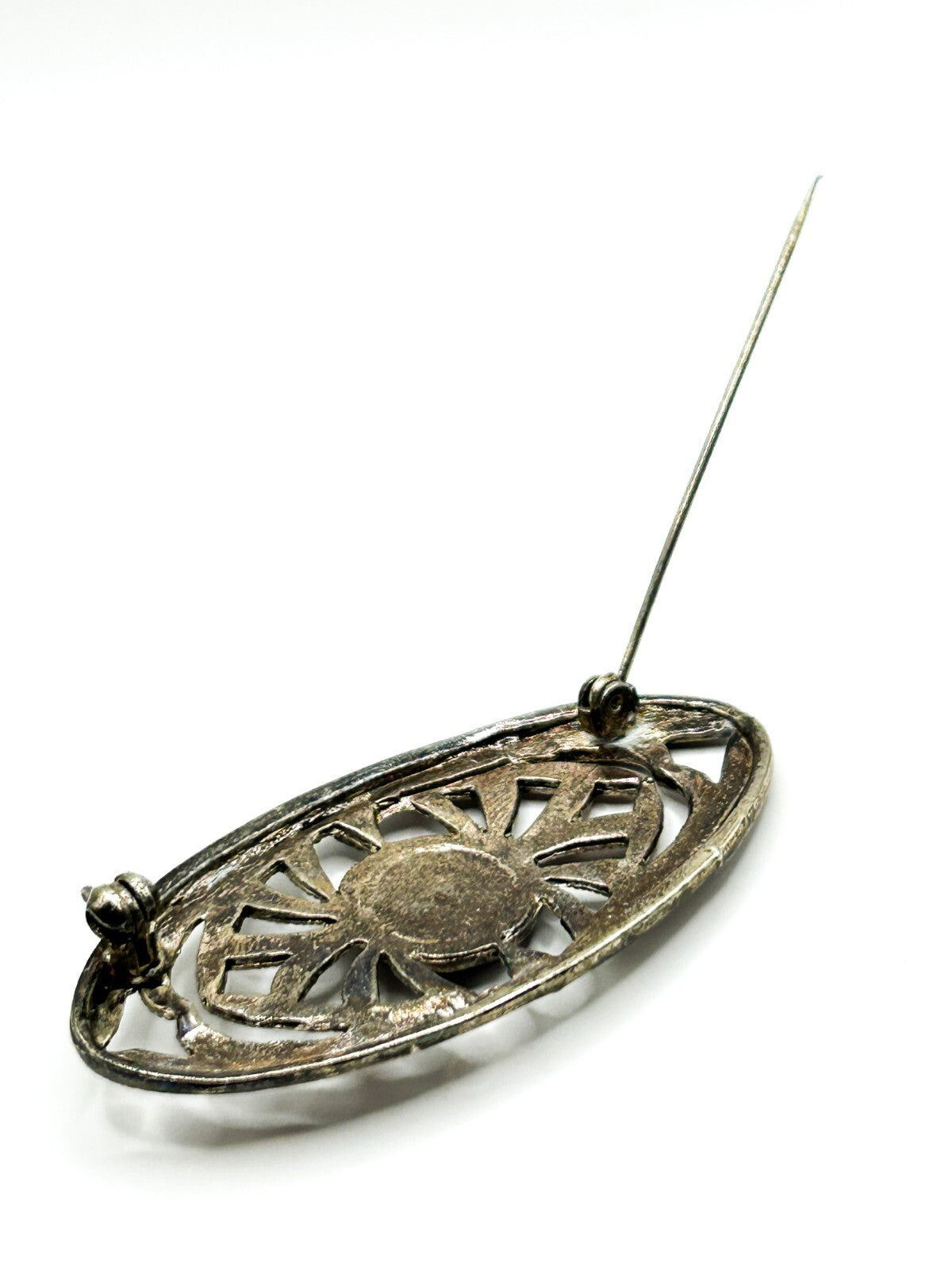 Vintage Art Deco Style Black Cabochon Brooch Silver Tone Openwork Oval