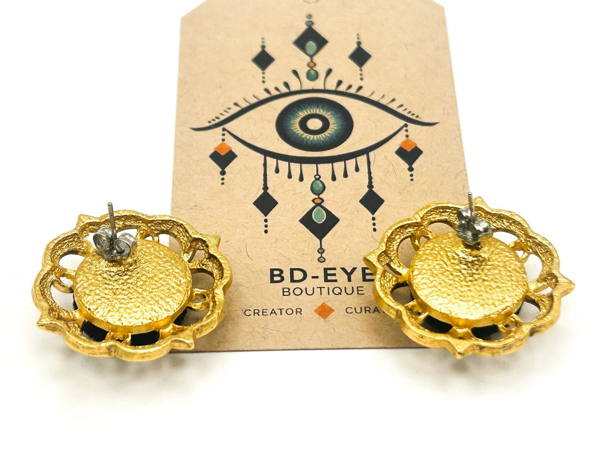 Black Velvet & Gold Tone Floral Stud Earrings – 3cm