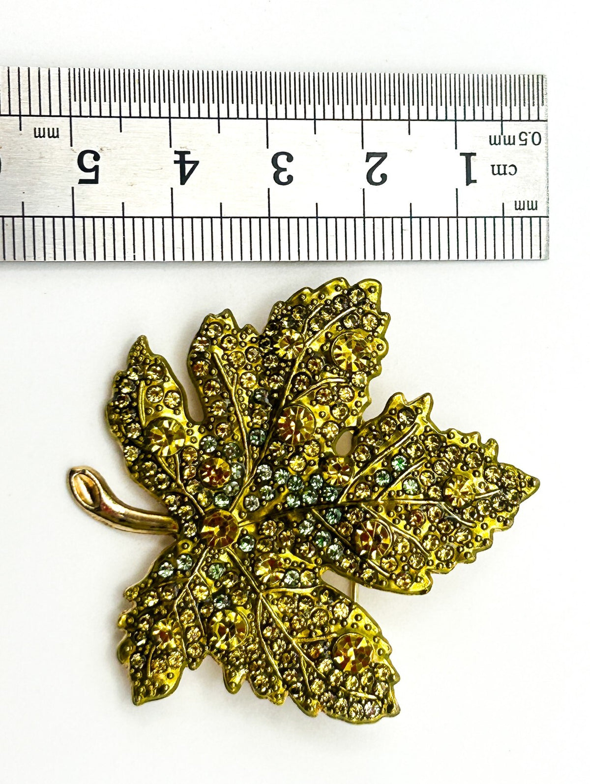 Vintage Maple Leaf Brooch Gold Tone Green Rhinestone Leaf Pin
