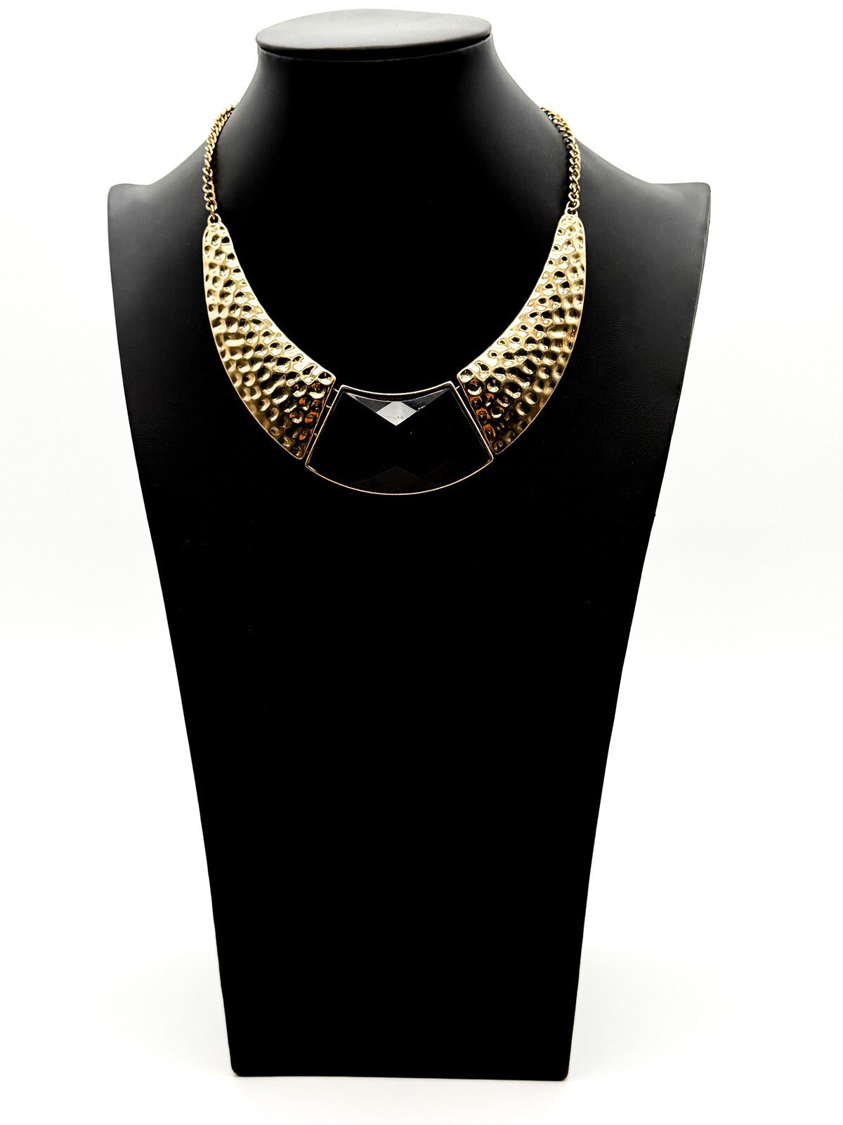Gold Tone Hammered Collar Necklace with Black Faceted Acrylic Panel 13.5”