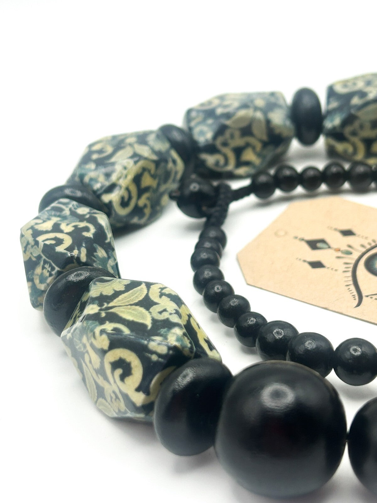 Chunky Black and Yellow-Green Floral Print Long Beaded Wood Necklace Flower