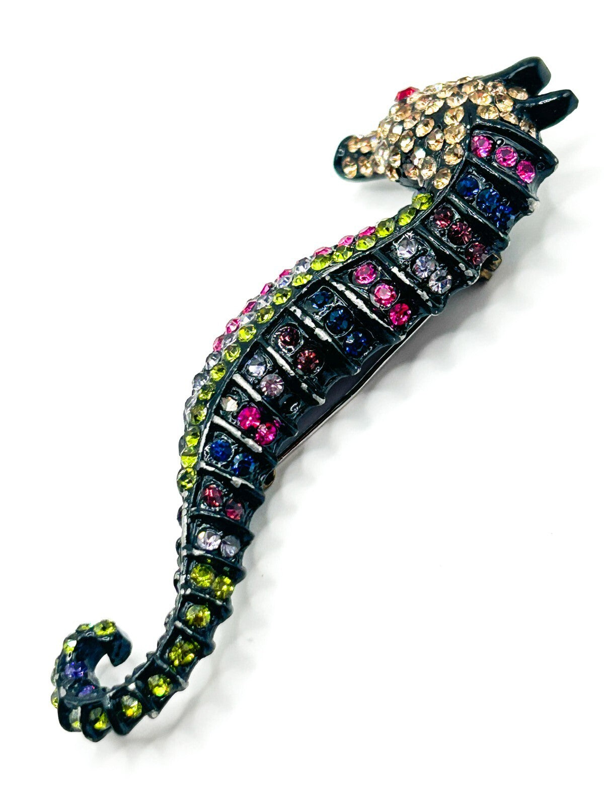 Large Rhinestone Seahorse Brooch Multicolour Figural Pendant 8.5 cm