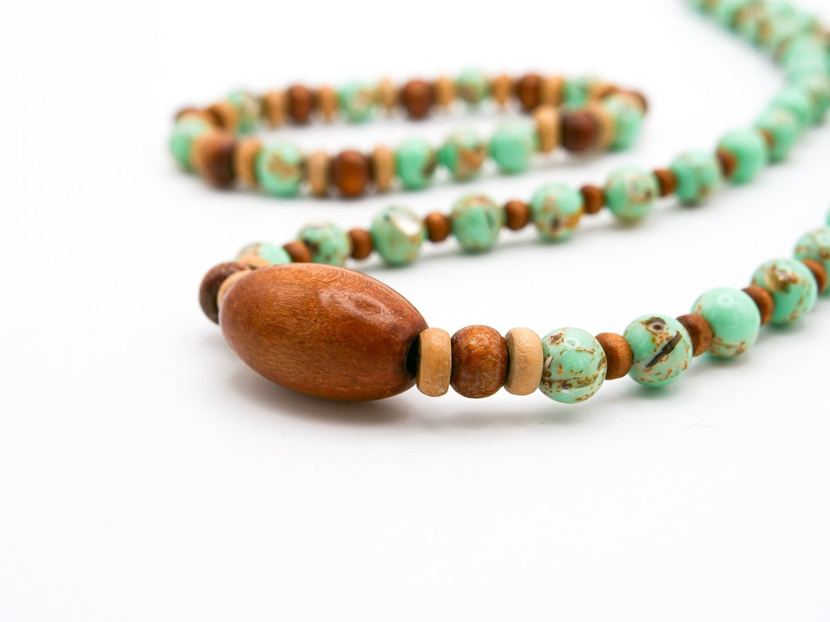 Handmade Brown & Green Beaded Necklace, Bracelet and Earrings Set - Wood Acrylic