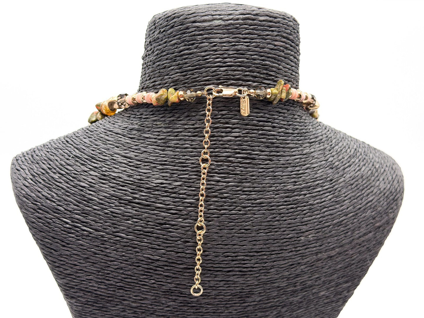 M&S Long Beaded Necklace Unakite Jasper Shell Multi Strand Earth Tone Statement