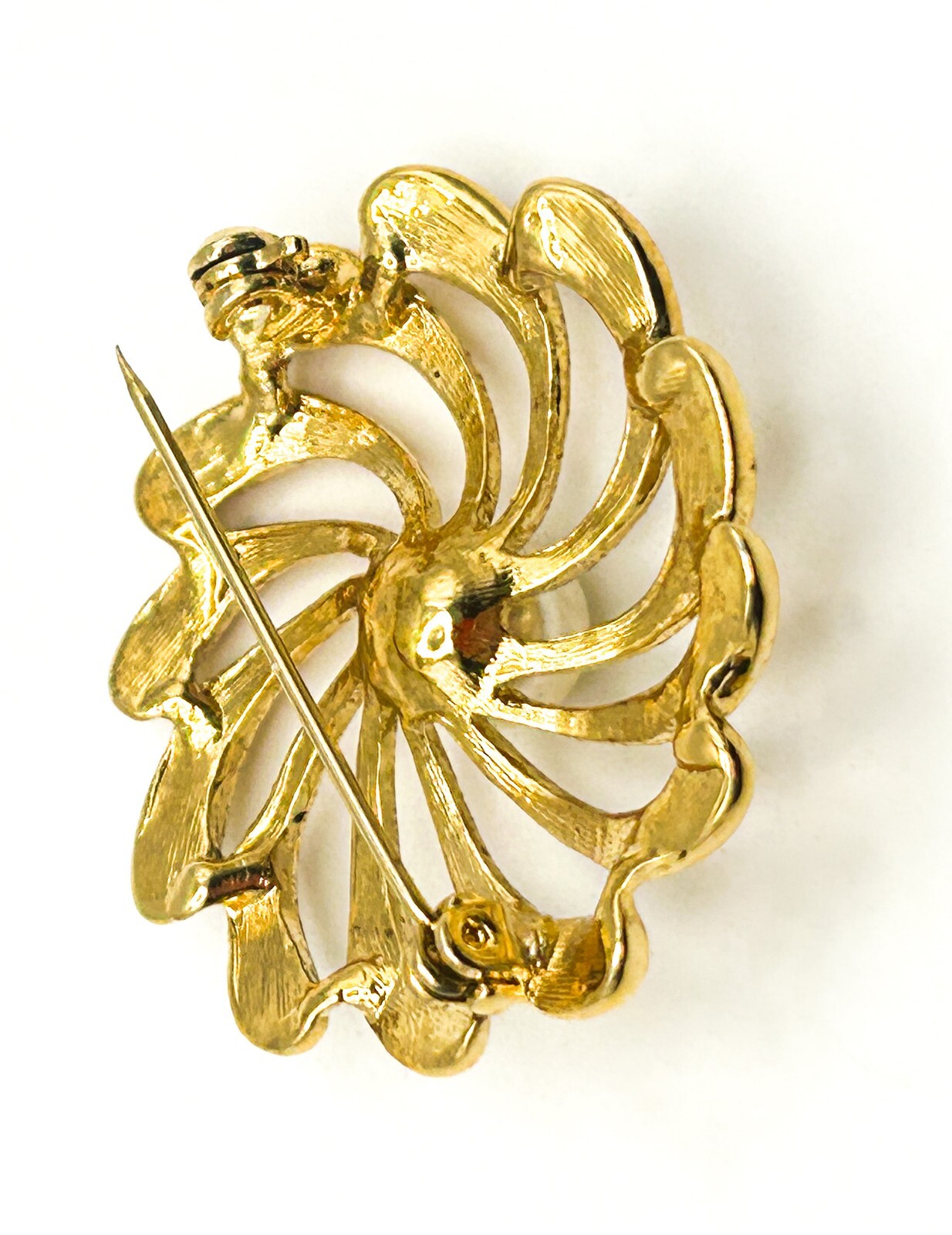 Gold Tone Spiral Flower Brooch with Faux Pearl Centre