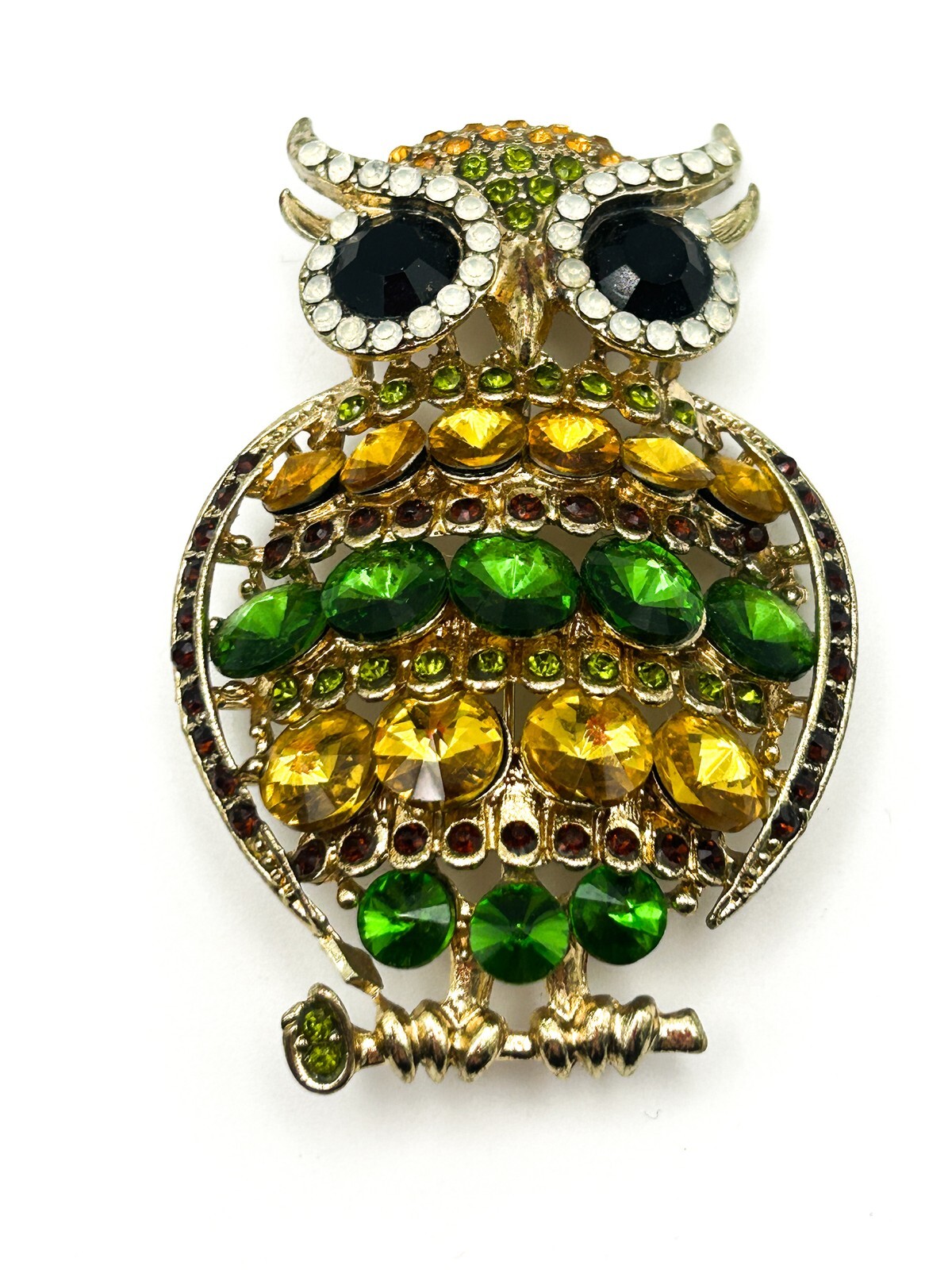 Owl Brooch Gold Tone Green Amber Rhinestone Animal Pin