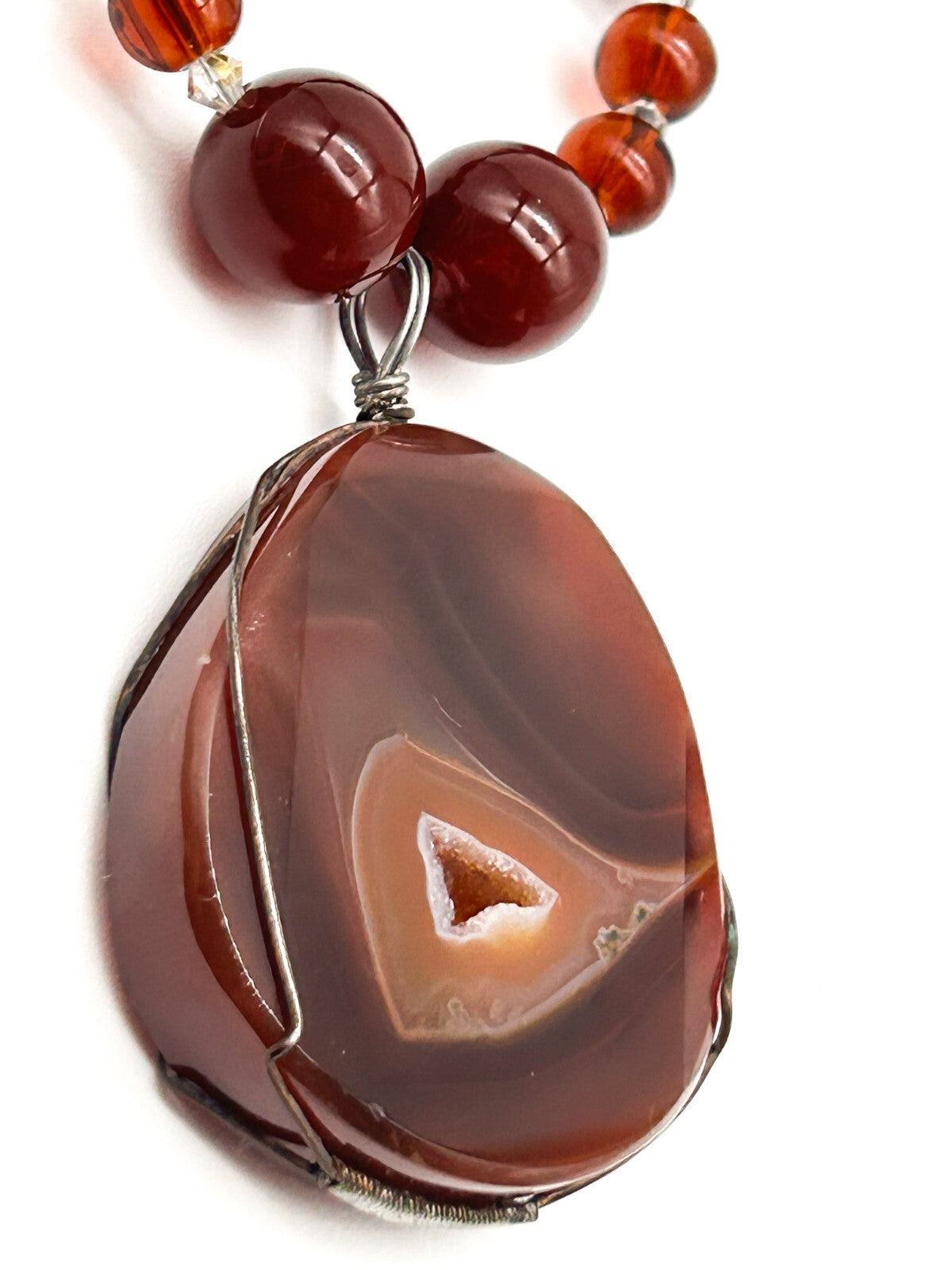 Carnelian Agate Pendant Necklace Quartz Inclusion Geode Artisan Gemstone  Boho