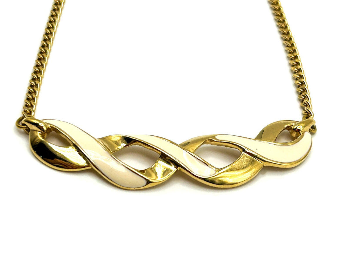 Signed Monet Gold Tone Chain Necklace with Cream Enamel Ribbon Pendant